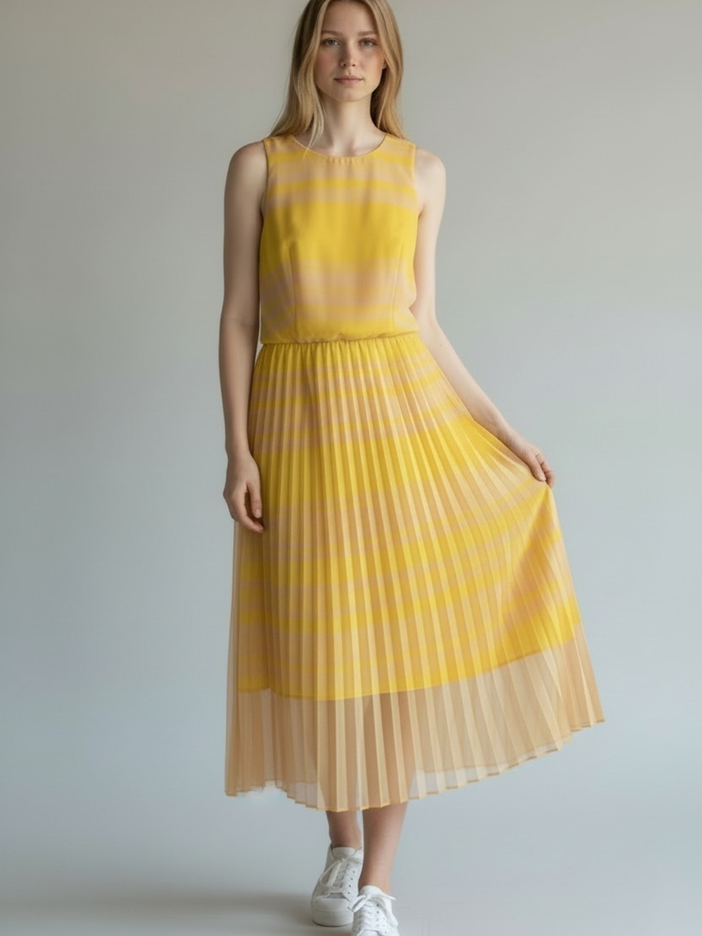 French Connection Yellow Pleated Midi Dress